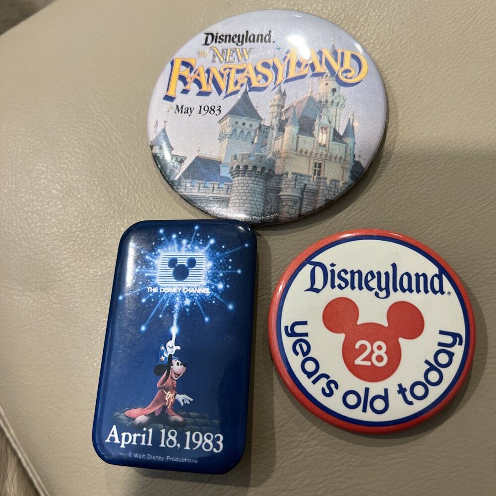 3 Disneyland  1983 Pin Back Buttons-Fantasyland, Disney Channel, Mouse Ears
